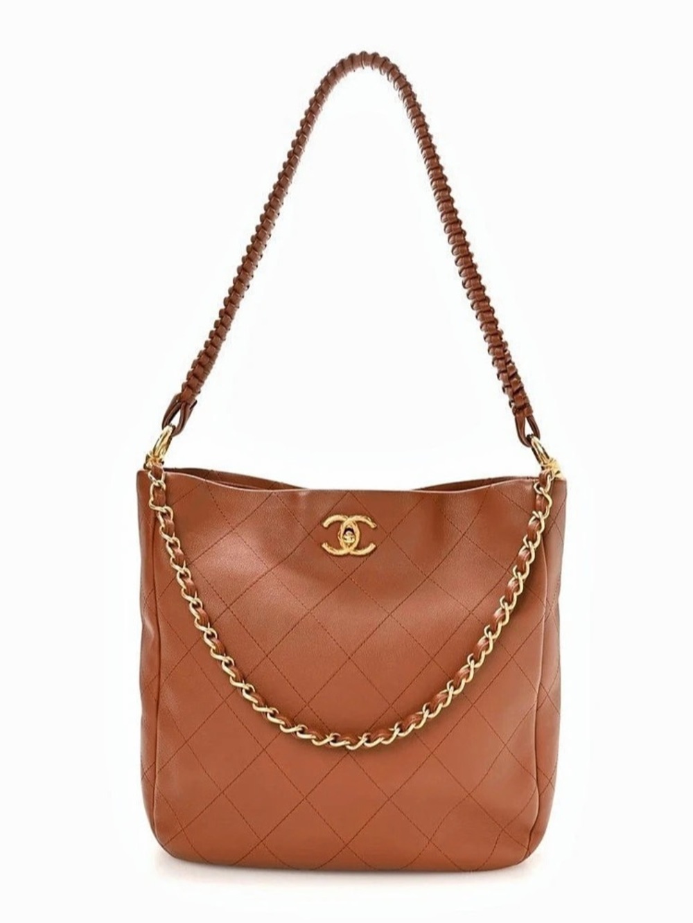 Chanel Calfskin Quilted Braided Handle Chain Hobo Bag (cognac) Brown